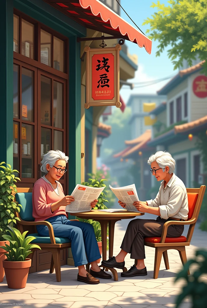 Draw two person sitting out side local tea shop with news paper