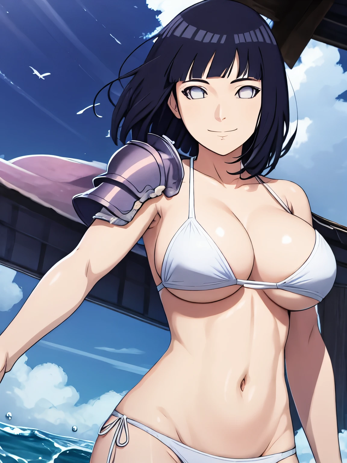 (hinata\(boruto\), (high quality:1.8), upper body:1.5, (curvy body:1.5), (ultra detailed body:1.4), (Collisium:1.7), (Collisium:1.7), (anime, tall woman, cowboy shot, ((arm curves:1.0), (defined biceps arms:1.0), (dark hair:1.8), (silver shoulder armor:1.6), ((white bikini only and wear nothing else, bare arms, bare arms, bare shoulders)), (curved belly:1.2), (wide shoulders, off-shoulders), smile), (big breasts:1.1) ,(cleavage:0.8), closed mouth), ((pale skin)). ((dark blue:1.3, short hair, hime cut، loose hair, floating hair, floating hair:1.0),
