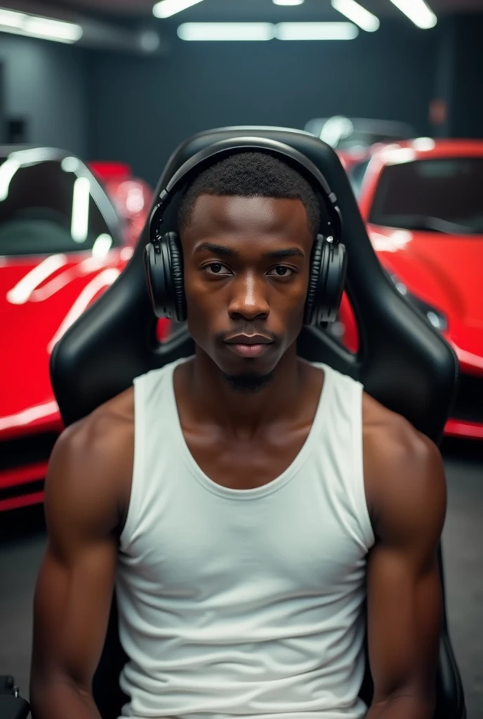 Young black man with gamer headset sitting in a gaming chair, with luxury cars with 2 Ferraris behind looking at the camera, front view of a young man; Imagine a boy of about 23 years old, realistic, he is black, wearing a white tank top, short straight hair. He is looking straight ahead, close to the camera lens.