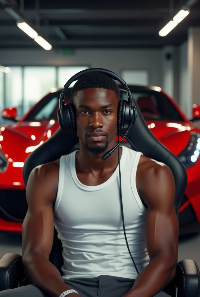 Young black man with gamer headset sitting in a gaming chair, with luxury cars with 2 Ferraris behind looking at the camera, front view of a young man; Imagine a boy of about 23 years old, realistic, he is black, wearing a white tank top, short straight hair. He is looking straight ahead, close to the camera lens.