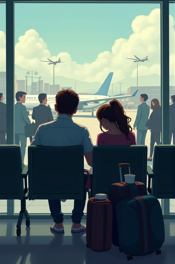 A couple at the airport waiting tired because their flight has been delayed several hours