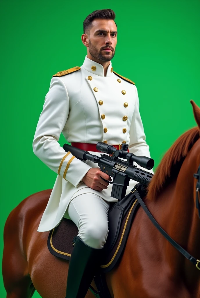 Full view white dress male Soldier seated without cap on horse with handed Sniper gun with plain green screen