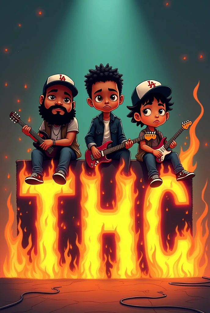 Three serious-looking musicians in a cartoon sitting on fire letters that say THC with instruments in hand, one chubby dark-skinned with a beard and one skinny dark-skinned and one short, all with LA caps