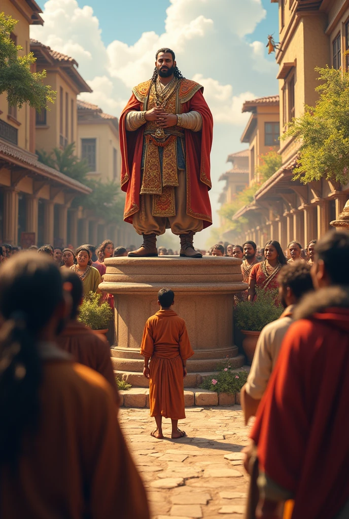 Announcement Scene: A wealthy man from the village stands on a platform in the village square, announcing the reward for finding his lost necklace. Villagers, including Ramu, listen attentively.