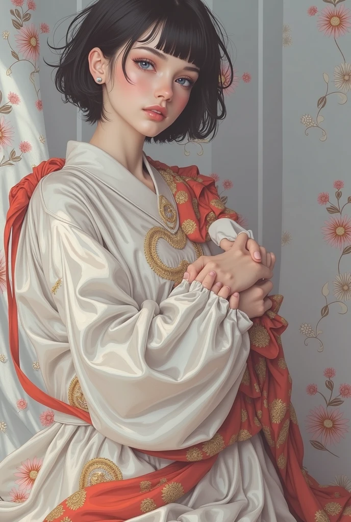 RAW photo, best quality, masterpiece, photorealistic, Polish girl, 20 years old, black hair, Light grey eyes, short bob cut, hair in 7 thirds, hair over one ear, Symmetrical eyes, solo, Detailed Skin, Detailed face, Detailed hands, Big Breasts, rip gloss, blush