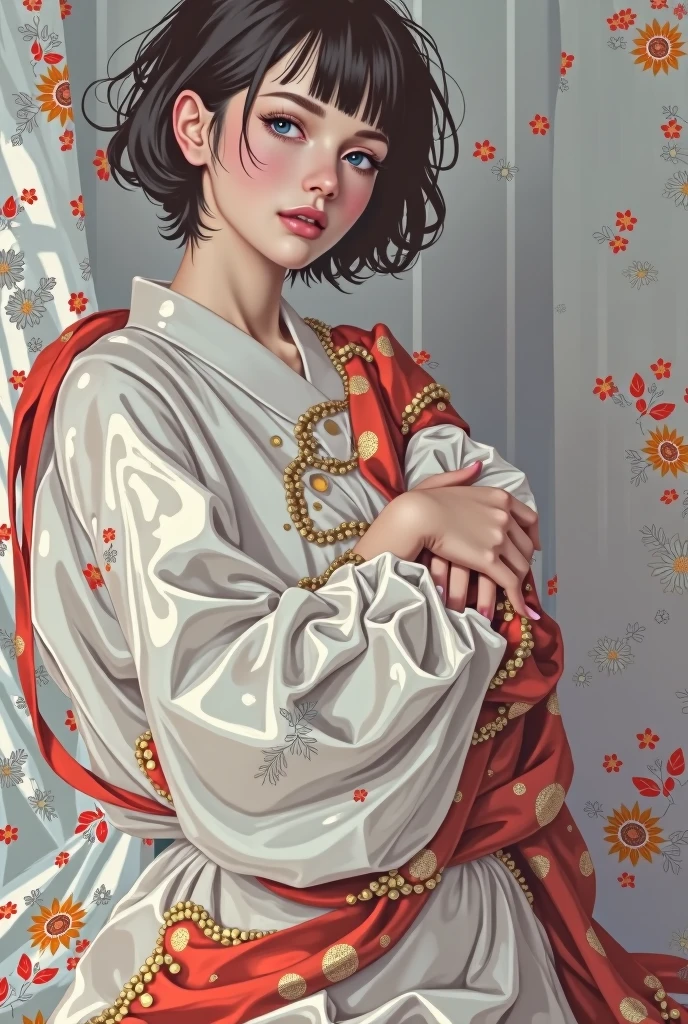 RAW photo, best quality, masterpiece, photorealistic, Polish girl, 20 years old, black hair, Light grey eyes, short bob cut, hair in 7 thirds, hair over one ear, Symmetrical eyes, solo, Detailed Skin, Detailed face, Detailed hands, Big Breasts, rip gloss, blush