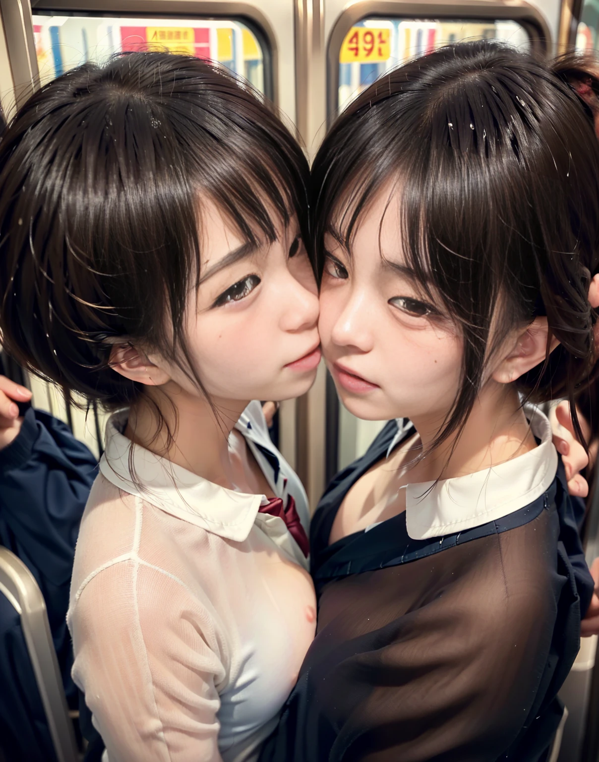 8k,masterpiece,Japanese,best quality, (schoolgirls:1.6), (kissing:1.3), (crowded train:1.4), reluctantly, (blush:1.3), (breasts:1.3)
