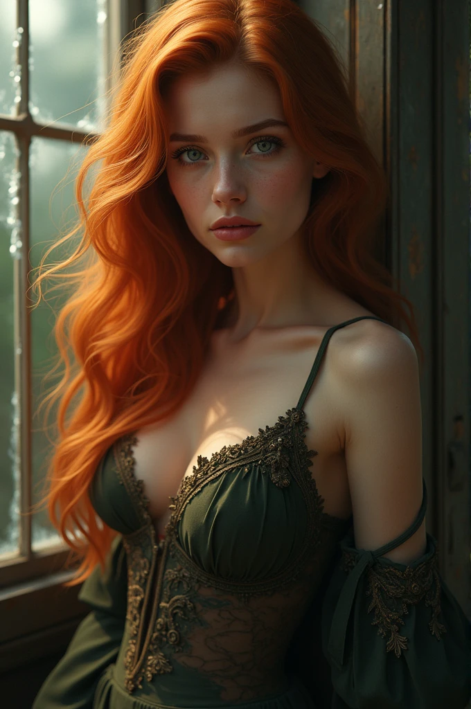 (solo, full body photo:1.3), (action packed:1.3), (haze, fog, mist:1.3), chiaroscuro, best quality, photorealistic, 1woman, (cute), (24yo:1.2), redhead, long ginger hair highly detailed, 1700'S, digital photography, art by artgerm and ruan jia and greg rutkowski surreal painting gold butterfly filigree, broken glass, (masterpiece, sidelighting, finely detailed Fashionable eyes: 1.2) (perfect oval large eyes that gazes at the viewer), beautiful detailed face, blue gorgeous perfect eyes, (blonde hair ponytail), (attractive young woman:1.3), (thick amazing hair), (seductive:1.1), (blushing:1.1)