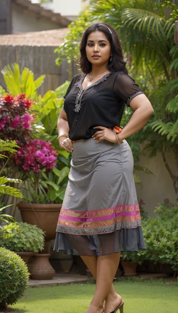 Day scene, A radiant, full-figured South Indian 35 year old aunty a gray colour chiffon mini skirt and black chiffon shirt, standing, in a garden captured in a full-body image with vibrant hues and meticulous details. Full body image