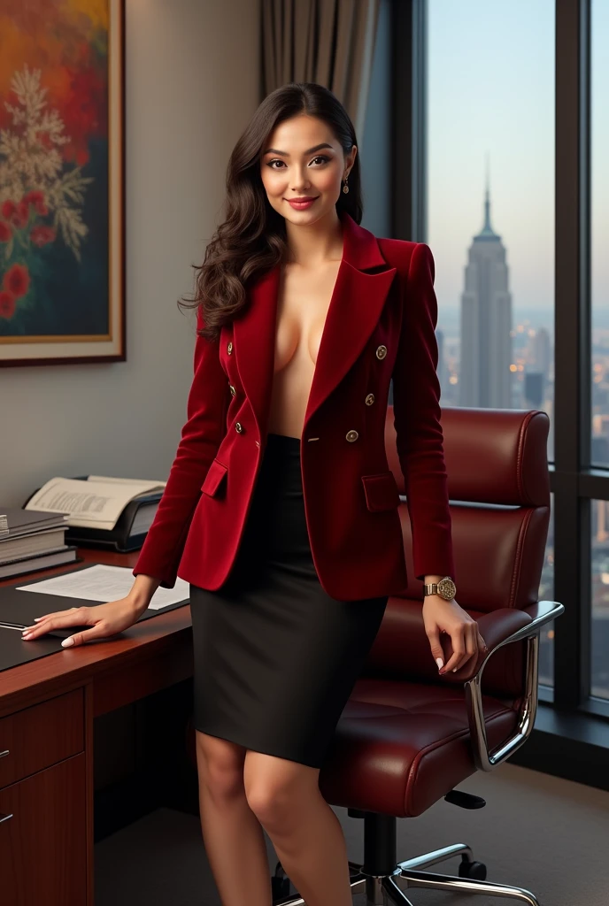 (best quality,4k,8k,highres,masterpiece:1.2),ultra-detailed,(realistic,photorealistic,photo-realistic:1.37),female CEO,red velvet blazer,short fit black pencil skirt,confident gaze,seductive smile,luxurious office,modern interior design,elegant hairstyle,well-manicured nails,high heels,immaculate makeup,expensive accessories,dominant posture,natural sunlight,city skyline view,powerful aura,vibrant red colors,sleek architecture,sharp focus on details,professional ambiance,successful businesswoman,sophisticated elegance,commanding presence,crafted wooden desk,leather chair,impressive artwork hanging on the wall,impeccable fashion sense,meticulously arranged files,steel and glass structure,reflection on glossy surfaces,gleaming silver accents,subtle shadow play,graceful movements,confidently walking,aura of mystery,empowered woman,limitless potential,breathtaking confidence,inspiring success,worldly achievement,unyielding determination,luxury lifestyle,entrepreneurial spirit,extraordinary vision, ((intricate detail)), super finely detailed hands, ultra finely detailed fingers(((ten fingers))), (standing still with confidently), (full body showcase), (show full body), (no logos on background), (no logo), ((plain background)), ((plain background)), (((empty background))).