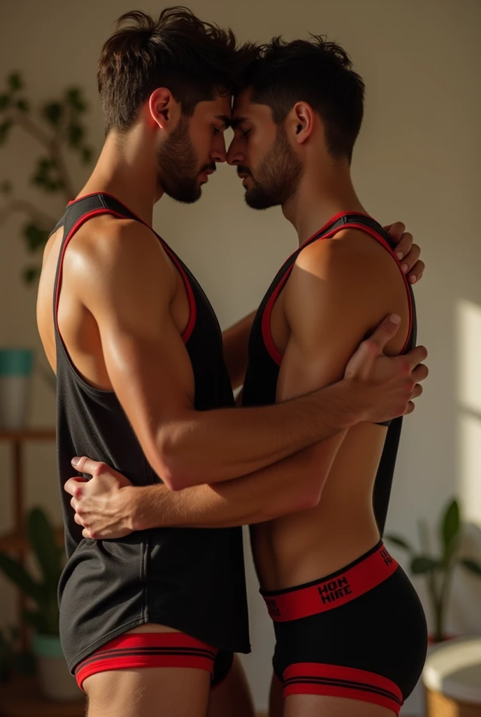 A 27 years old boy  in  full long in linth tank top under vest and 
wide  red colour stripline on tank top under vest and were black trunk underwear and  wide  red colour stripline on underwear  with one boy friend in same clothes in home during the sex time