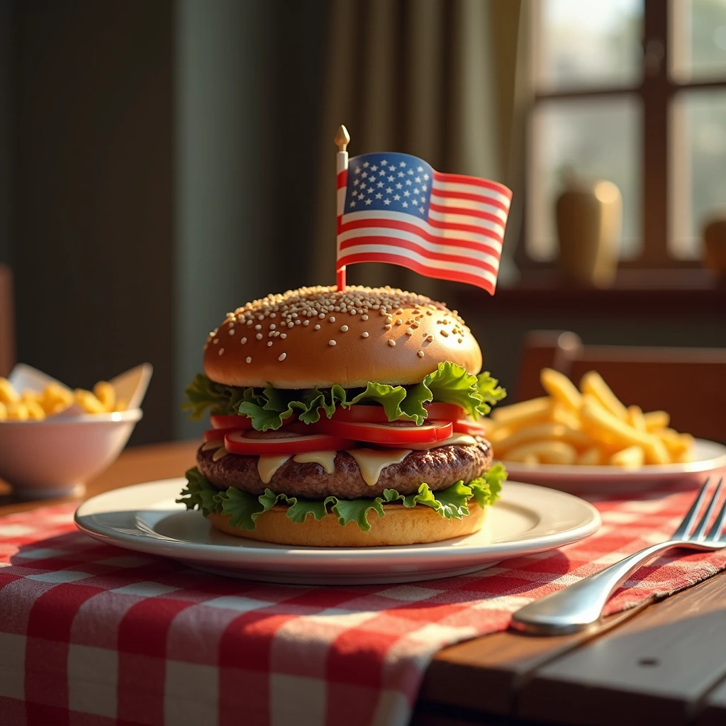 Dining room,table,Plate,A delicious burger,There's an American flag on the burger,French fries and a knife and fork on the side