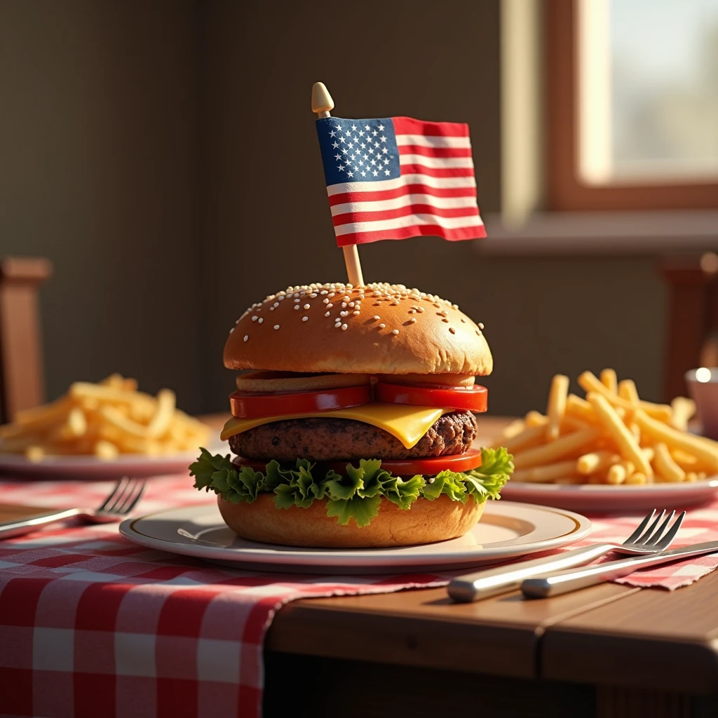 Dining room，table，Plate，A delicious burger，There&#39;s an American flag on the burger，French fries and a knife and fork on the side