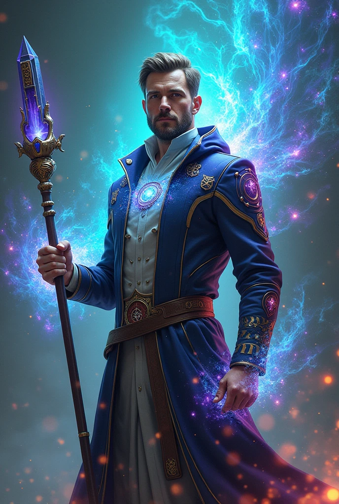Sure! Here's a simplified description in English:
### **Appearance:**
- **Quantum Aura:** The user is surrounded by a shimmering aura with colors like blue, purple, and green, indicating the fusion of science and magic.
- **Magical Symbols:** Glowing symbols or runes appear on the user's clothing or skin, shifting according to the powers being used.
- **Costume:** The costume has a futuristic design with glowing geometric patterns, combining traditional fabric with advanced, metallic-looking materials.
- **Accessories:**
- **Quantum Ring:** A ring or jewel that changes color based on the power being used.
- **Staff or Crystal:** A staff with a glowing crystal at the end, focusing the quantum and magical energies.
- **Visual Effects:**
- **Quantum Radiance:** Geometric patterns or waves of energy appear when powers are activated.
- **Time Manipulation:** Areas affected by time manipulation might show distorted space or blurry effects.
Let me know if there's anything else you'd like to adjust!
a man