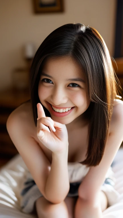 Highest quality, Realistic, In detail, High resolution, 8k wallpaper, Perfect dynamic composition, Beautiful details, Random sexy poses,bedroom、Laughter、(Droopy Eyes 1.3)、Japanese、((naked)),(((beautiful pussy))))show her pussy、Highest quality、Complete limbs、Full Finger、Slender beauty、Straight hair、Twin tails、Knee-length、A faint smile、