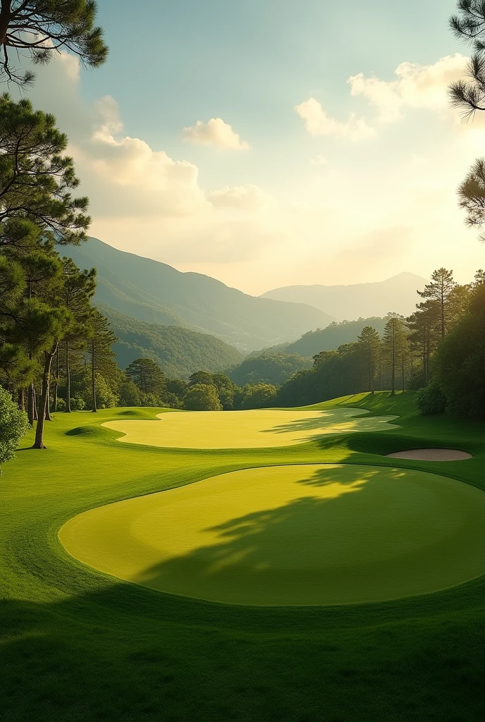 Overlooking the golf course,There are trees around, perfect green fairway, Golf course in the background, royal green and nature light, Camelot GC, Top quality,High image quality,masterpiece,Sony A7 shooting,Photography Masterpieces,Use 24-300mm1.6 shots of flat grass,Extending to the distant horizon, there are mountains and sky,The grass takes up more than half of the picture,raw,, breathtaking composition, Stunning footage, green pastures stretch for miles, Natural morning light, Shoot in the morning, Perfect view, grass landscape, Prime hour in the morning, Dramatic warm morning light