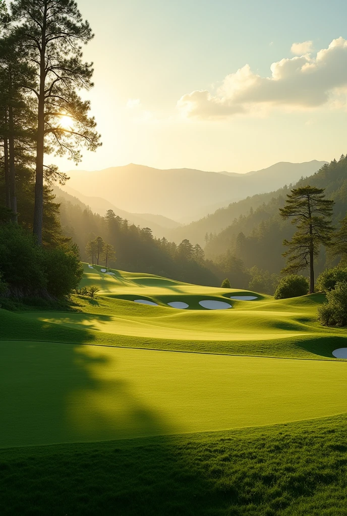 Overlooking the golf course，There are trees around, perfect green fairway, Golf course in the background, royal green and nature light, Camelot GC, Top quality，High image quality，masterpiece，Sony A7 shooting，Photography Masterpieces，Use 24-300mm1.6 shots of flat grass，Extending to the distant horizon, there are mountains and sky，The grass takes up more than half of the picture，raw,, breathtaking composition, Stunning footage, green pastures stretch for miles, Natural morning light, Shoot in the morning, Perfect view, grass landscape, Prime hour in the morning, Dramatic warm morning light