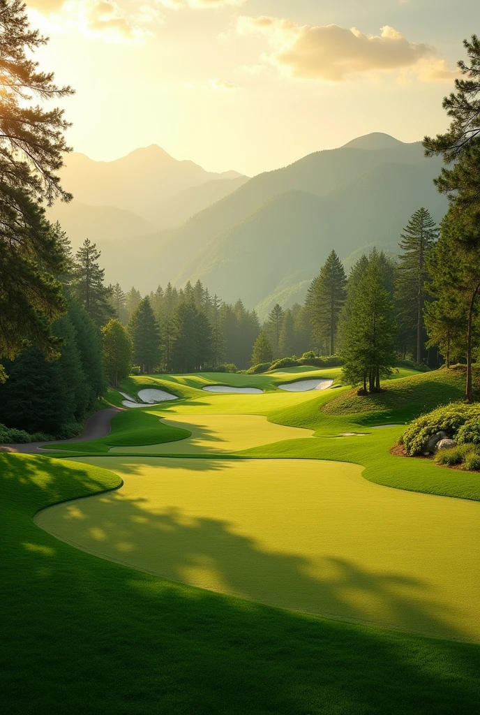 Overlooking the golf course,There are trees around, perfect green fairway, Golf course in the background, royal green and nature light, Camelot GC, Top quality,High image quality,masterpiece,Sony A7 shooting,Photography Masterpieces,Use 24-300mm1.6 shots of flat grass,Extending to the distant horizon, there are mountains and sky,The grass takes up more than half of the picture,raw,, breathtaking composition, Stunning footage, green pastures stretch for miles, Natural morning light, Shoot in the morning, Perfect view, grass landscape, Prime hour in the morning, Dramatic warm morning light