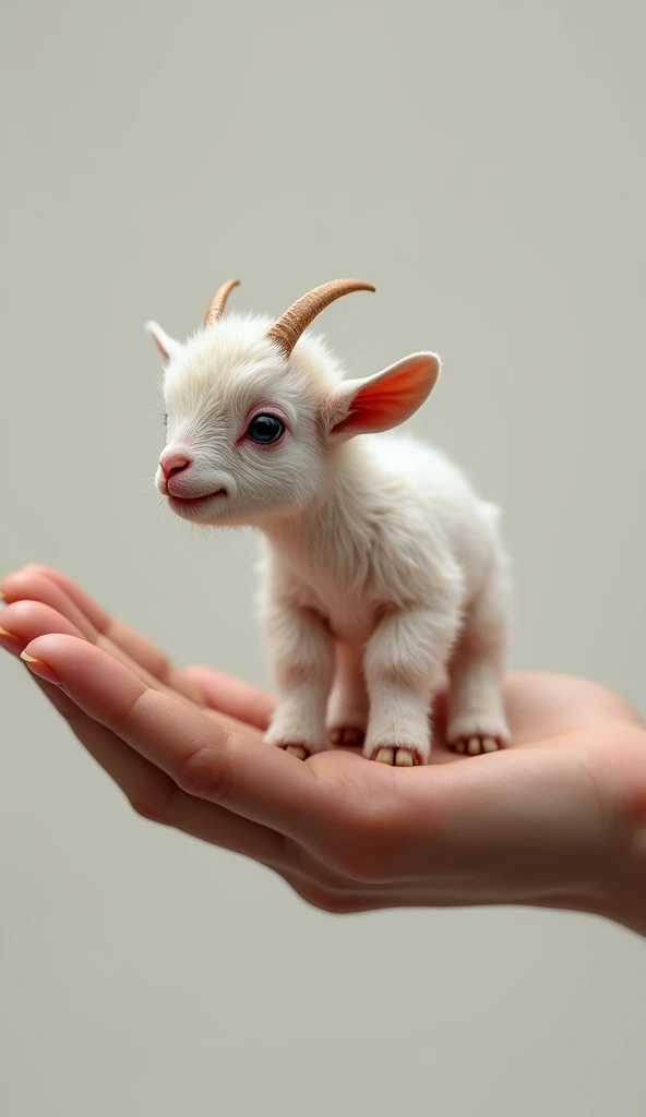 photorealistic, 34k, a tiny baby goat perched on a human hand