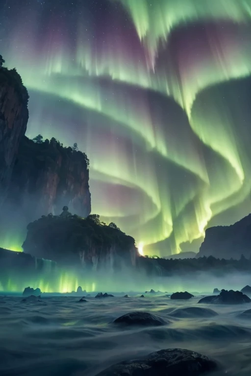 A breathtaking scene of floating islands suspended in a sea of clouds. Each island is lush with greenery and cascading waterfalls, with floating rocks and bridges connecting them. The sky is adorned with a constant rainbow-hued aurora, adding to the mystical atmosphere.gracefully move through the scene.Countless shooting stars continue to streak across the sky, and the stars are shining brightly.