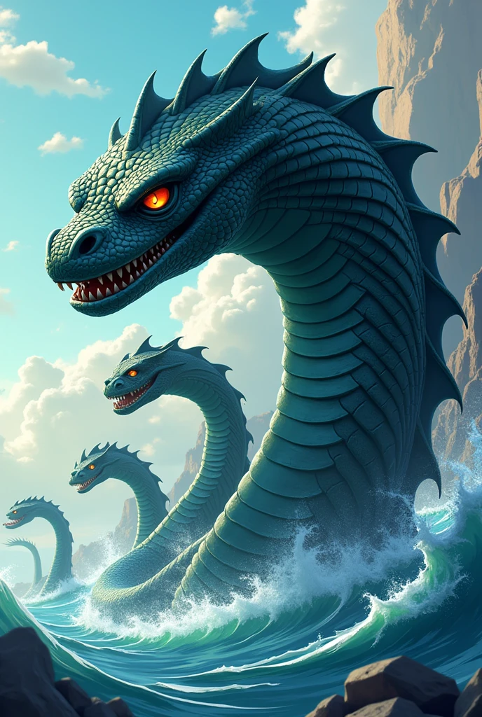 Generate 3d cartoon style The colossal head of black Kaliya Naag with five head emerging from the water, his scales glistening, and eyes filled with malice.