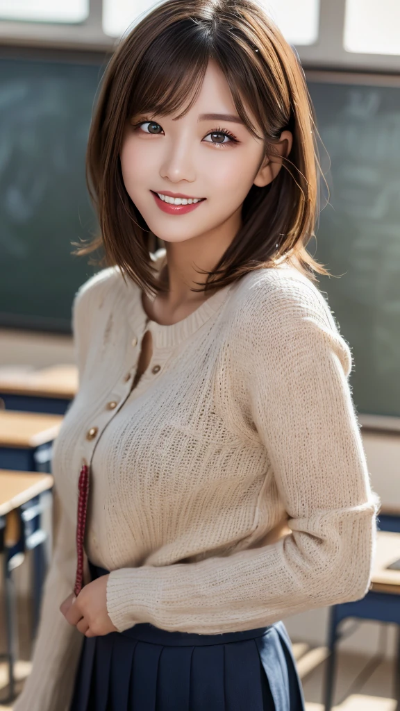 (photorealistic, 32k, RAW photo, best quality: 1.4), (masterpiece:1.3), (absurdres, attractive, ultra high resolution, ultra realistic, highly detailed, golden ratio, ultra detailed, super fucking beautiful detailed face), natural makeup, detailed cloth texture, detailed hair texture, beautiful detailed fullbody, Perfect female body, accurate, Anatomically correct, Highly detailed face and skin texture, (beautiful hands), (realistic skin), (beautiful pale skin:1.1), (large breasts), (thighs), (cowboy shot:1.3), (Perfect dynamic composition, looking at viewer),
BREAK,
realistic eyes, beautiful detailed eyes, symmetric eyes, Light Brown eyes, Double eyelids, Thin eyebrows, (Glossy lips:1.4), ((A face with waiting for a kiss, Seductive smile:1.2)), (weat skin, blush:1.1),
BREAK,
((short hair, bob, Dark blonde hair, bangs:1.2)), Daytime, (Standing in classroom:1.3), (school uniform, long sleeve:1.3)