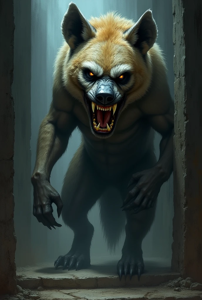 A huge evil wide grinning hyena exposing a set of sharp yellow teeth standing tall outside on a doorstep, background shadows, nightmare