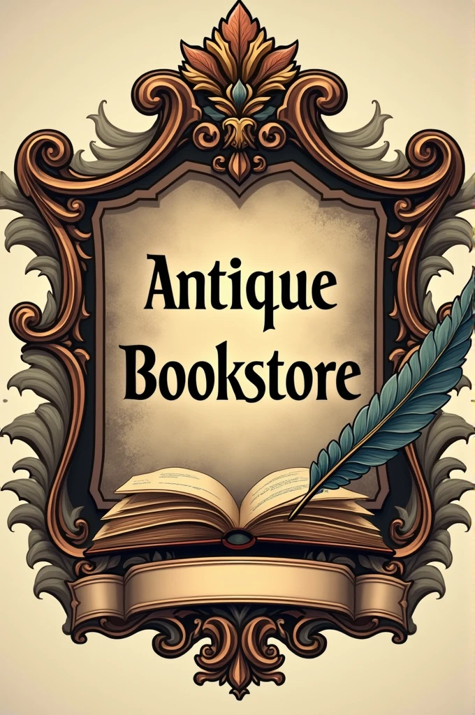 Create a vintage crest-style logo for an antique bookstore. Incorporate elements like old books, quill pens, and ornate scrollwork. Use an elegant serif font and muted earth tones to evoke a sense of timeless wisdom.