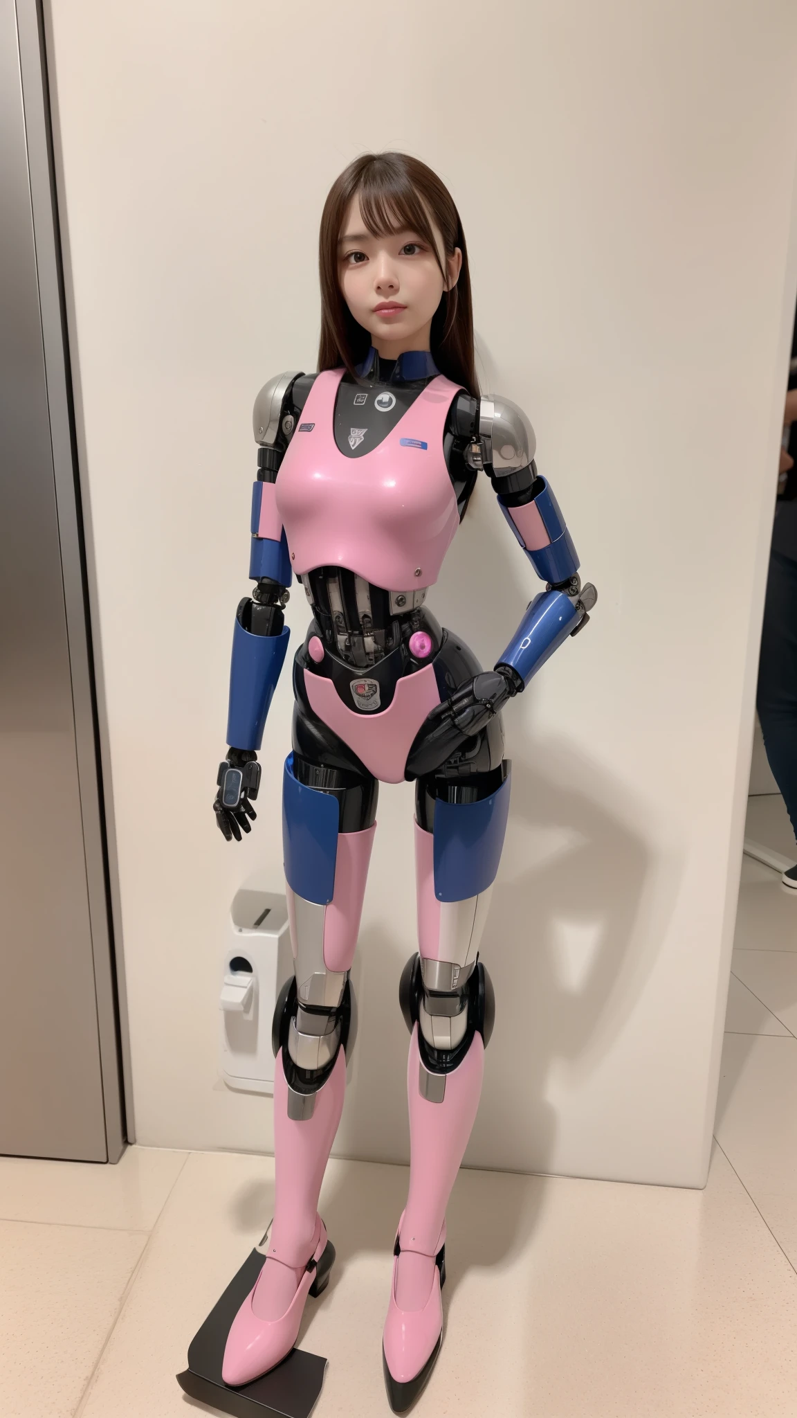 Robot Girl, pink there, Silver, Metallic body, Robot Parts, Metal Parts, Super Detailed Face, Super well-formed face, of the highest quality, a small face, small head, Brown hair, Slender body, Camera gaze, Internal Mechanical Exposure, Idol, front facing, Well-proportioned body, sale, Exhibited, Event Hall, Moe Pose, job interview suit machine armor, Standing with legs open, Model body type, sad, Embarrassing,(Perfect Robot Girl),(Perfect machine body)