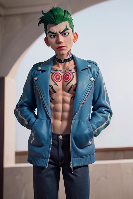 male、18age、A blank face、Clown style、Slicked back hair、My hair is stuck to my skin、Green Hair、A jacket that gives a glimpse of your chest、Full body tattoos、Tattoo on chest、Tattoos on the face、Tattoo on arm、