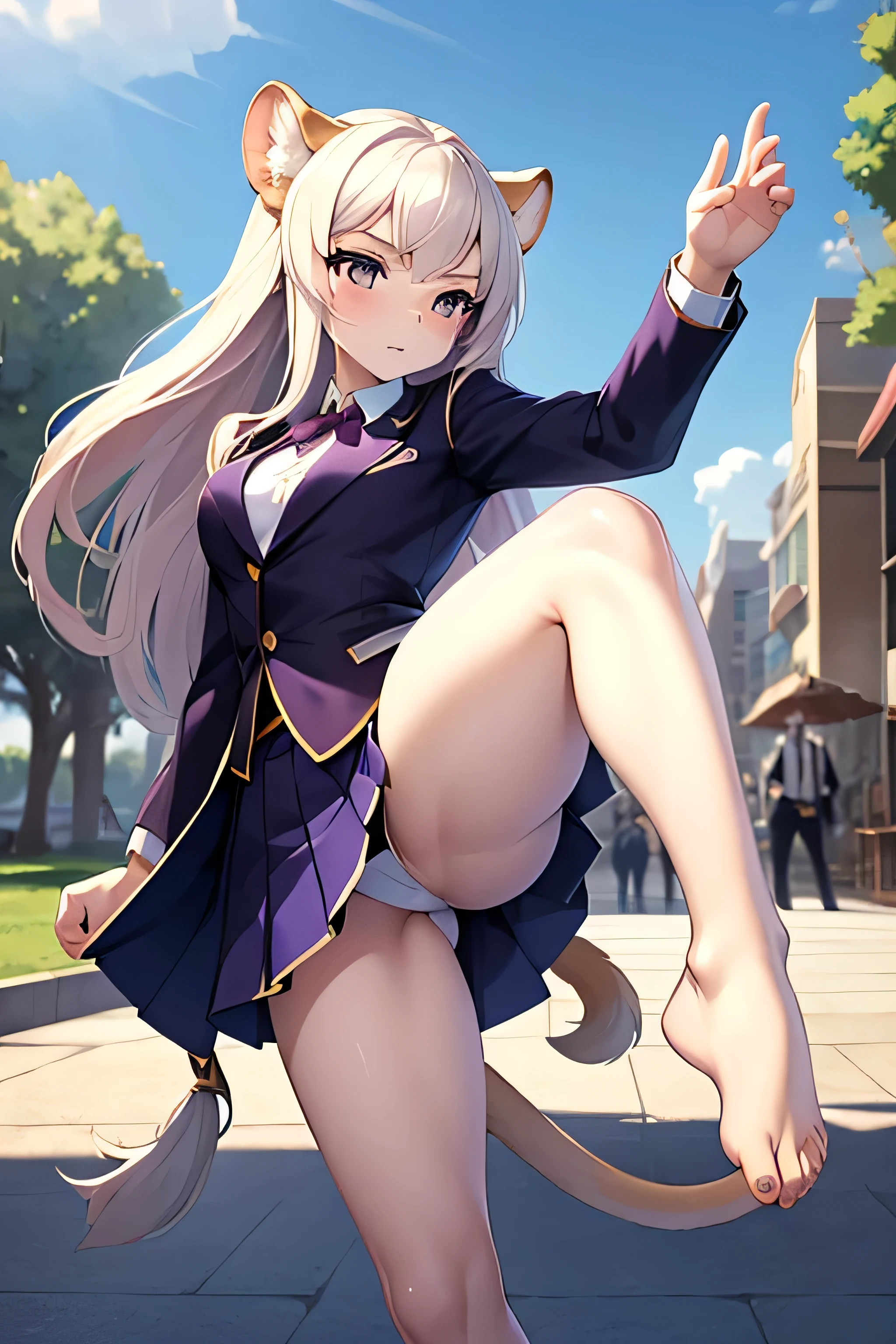 (masterpiece,best quality,ultra-detailed), an anime girl who is 18 years old aloof and emotionless noble young lady. She has ice white him cut style long hair, plum tsurime, white lioness ears and tail, furry, wearing business coat and knife-shaped pleated skirt, one leg kick up in split kick, kung fu pose