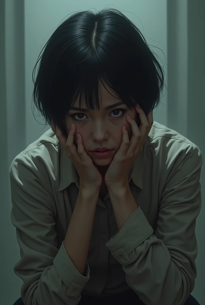 A woman with a short black hair with a heavy burden problems