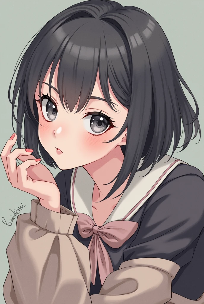 RAW photo, best quality, masterpiece, photorealistic, Polish girl, 20 years old, black hair, Light grey eyes, short bob cut, hair in 7 thirds, hair over one ear, Symmetrical eyes, solo, Detailed Skin, Detailed face, Detailed hands, Big Breasts, rip gloss, blush