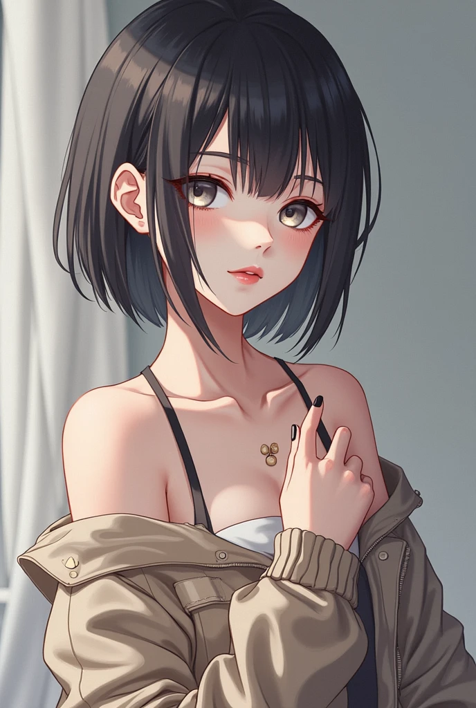 RAW photo, best quality, masterpiece, photorealistic, Polish girl, 20 years old, black hair, Light grey eyes, short bob cut, hair in 7 thirds, hair over one ear, Symmetrical eyes, solo, Detailed Skin, Detailed face, Detailed hands, , rip gloss, blush