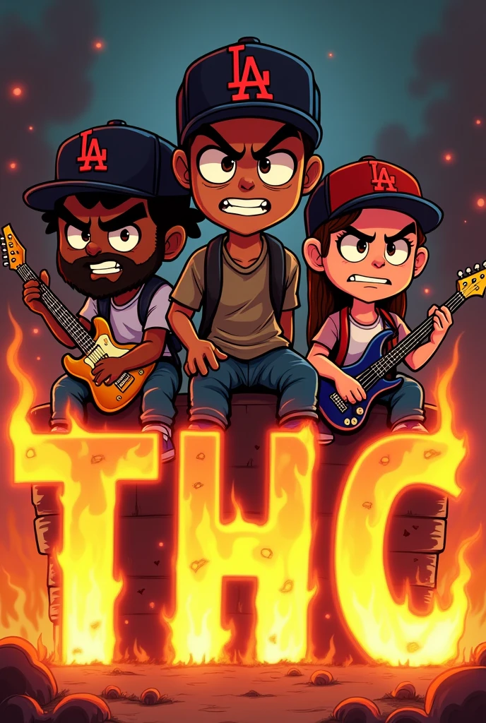 Three angry looking musicians in a cartoon sitting on fire letters that say THC with instruments in hand, one chubby dark-skinned with a beard and one skinny dark-skinned and one short, all with LA caps