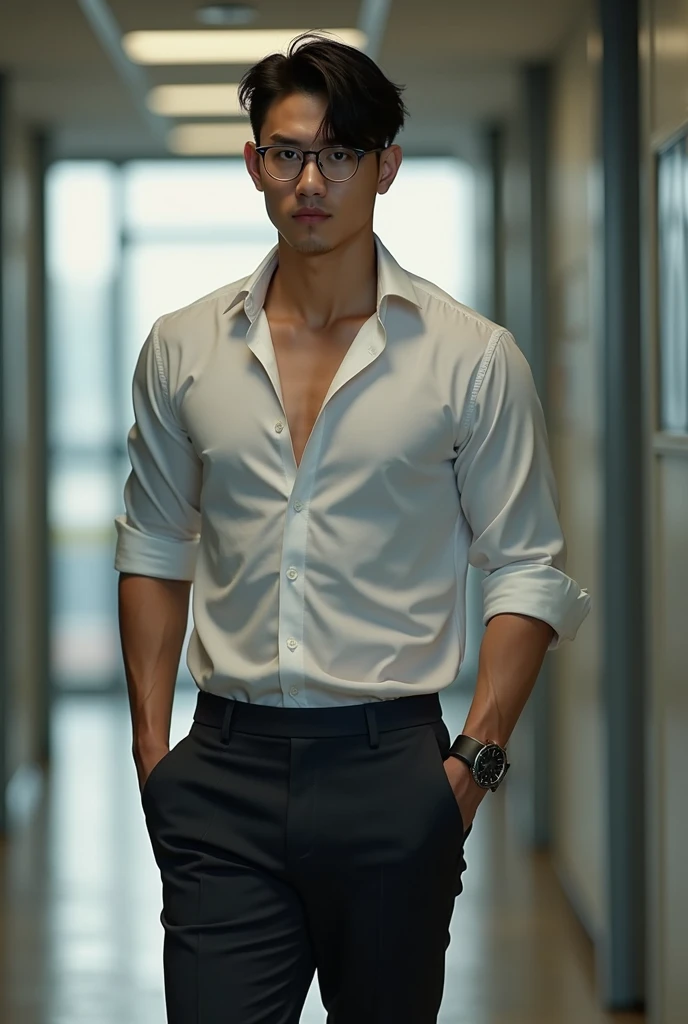 Korean gentleman,super big breasts ,teacher,shiny tight clothes, tanned skin,clean shave,walk the hallway,Handsome and elegant,wear glasses, sexy , Masculine and handsome,musculous,Muscles look good,,, Full body photo,(ultra-detailed, photorealistic, best quality, 4k, 8k, highres, masterpiece:1.3),charming and distinguished , (muscular build body), wearing tailored shiny dress light colored shirt, sweat, unbutton buttons shirt, lewd face ,tight chest, sex,See-through shirt, erotic, horny, , Accessories include a luxury wristwatch, in school,looking at viewer,muscle veins,no underwear ,Tight shirt makes muscle,unbutton,six pack,
