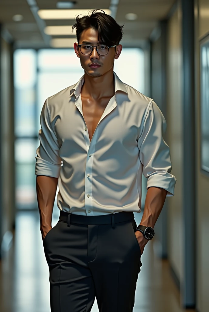 Korean gentleman,super big breasts ,teacher,shiny tight clothes, tanned skin,clean shave,walk the hallway,Handsome and elegant,wear glasses, sexy , Masculine and handsome，musculous，Muscles look good,,, Full body photo,(ultra-detailed, photorealistic, best quality, 4k, 8k, highres, masterpiece:1.3),charming and distinguished , (muscular build body), wearing tailored shiny  dress light colored shirt,  sweat, unbutton buttons shirt, lewd face ,tight chest, sex,See-through shirt, erotic, horny, , Accessories include a luxury wristwatch, in school‎,looking at viewer,muscle veins,no underwear ,Tight shirt makes muscle,unbutton,six pack,