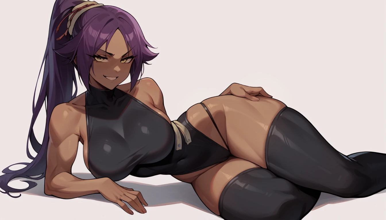 score_9, score_8_up, score_7_up, score_6_up, score_5_up, score_4_up, 1girl, hot, big breasts, slender waist, wide hip, thick thighs, big ass, smile face, smug, half closed eyes, dark-skinned female, dark skin, purple hair, ponytail, yellow eyes, yoruichi shihouin, long hair, black thighhighs, thong leotard bodysuit, black thong leotard bodysuit, A more advanced form of the lotus position, where both feet are placed on the opposite thighs, with the knees bent outward