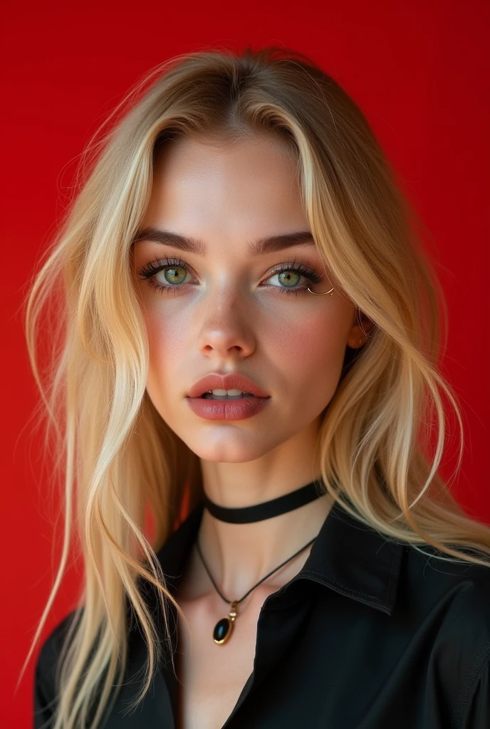 red solid background, girl with long hair blonde, which has slightly grown out blond roots visible, with green eyes and light eyebrows, makeup - black eyeliner and brown lipstick, eyebrow pierced on the left side
