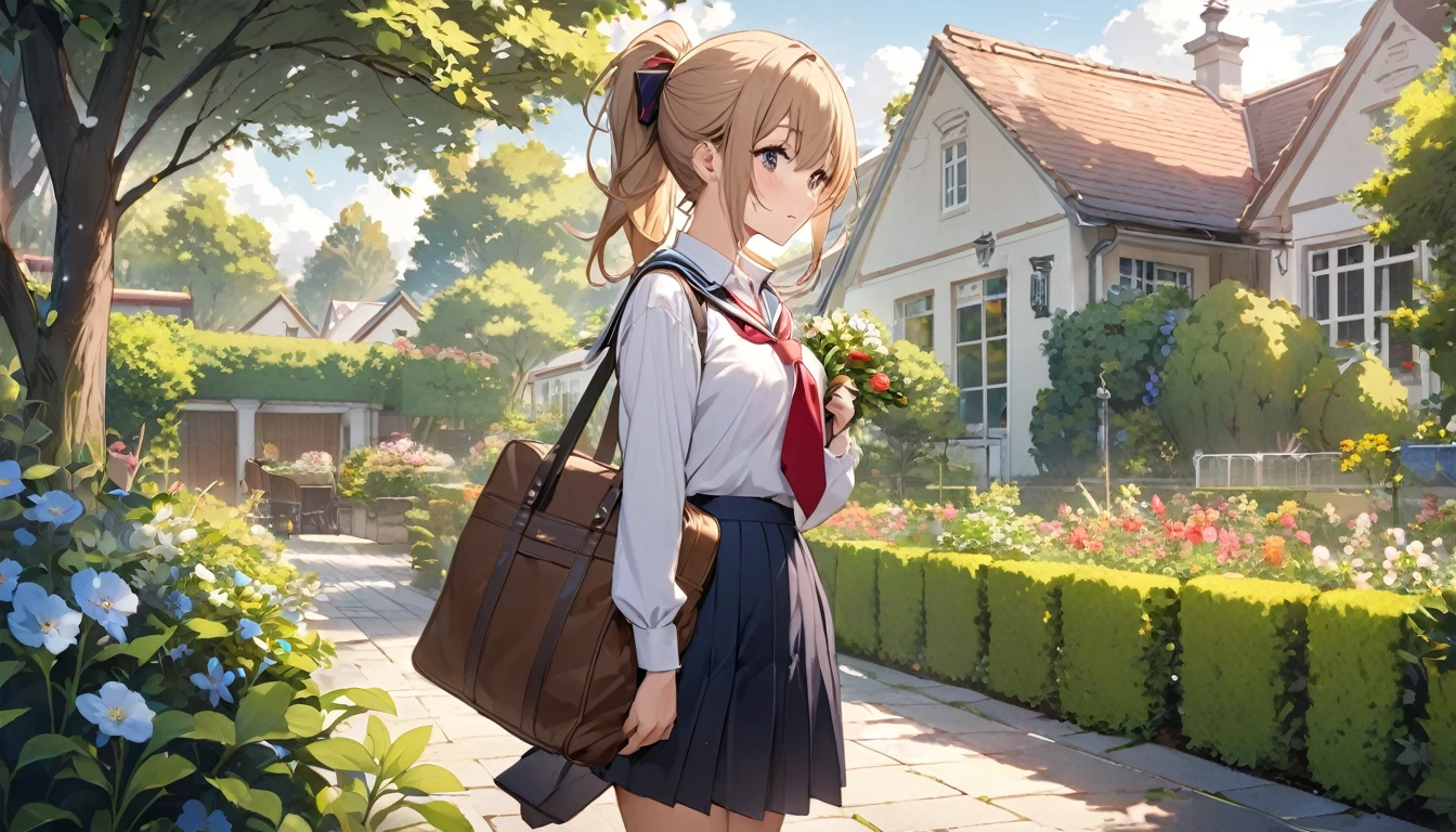 Highest quality,high school girl,ponytail,Carrying a bag,garden