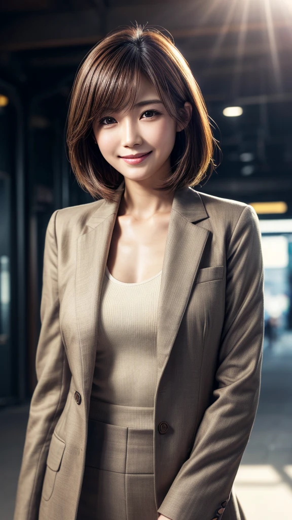 Tabletop, Highest quality, Realistic, Very detailed, finely, High resolution, 8k wallpaper, Cinema Lighting、1 person、Beautiful Japanese Women、30 years old、light brown straight bob hair, Wear a business suit, (Blurred Background、Station platform、noon、Light of the sun)、Sharp focus, Perfect dynamic composition, Narrow eyes:1.5, finelyて美しい目, Thin Hair, Detailed and Realistic skin texture, (Smile:1.3), (Tilt your head), Close-up portrait, Model body type