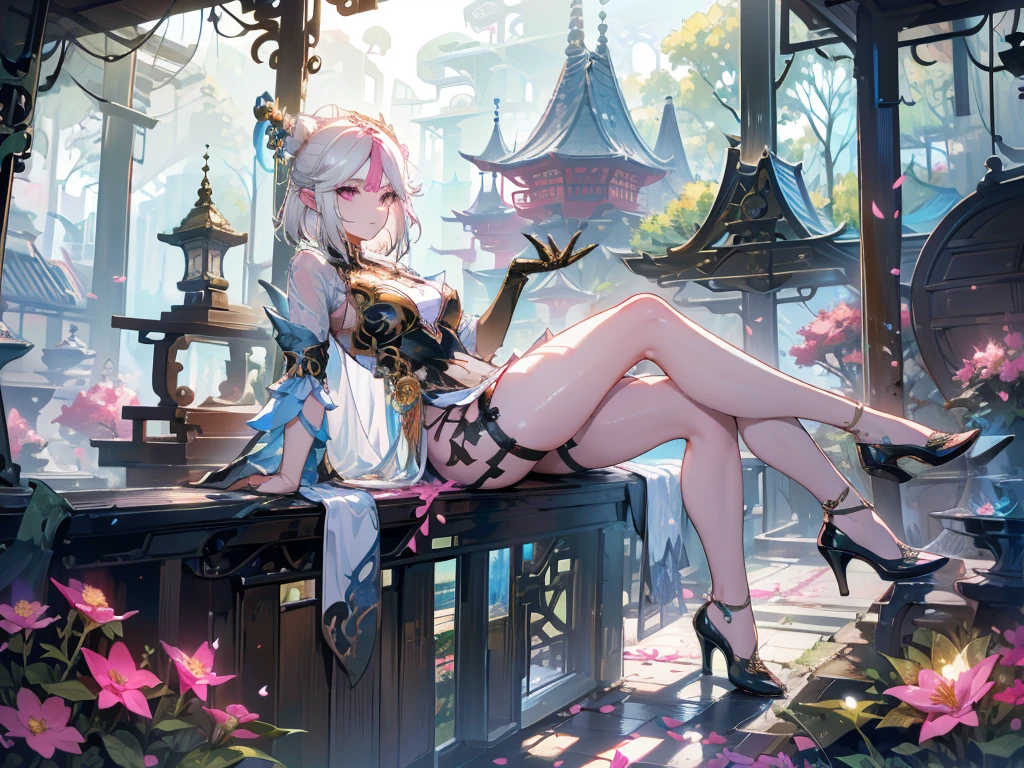 masterpiece，best quality，Elf，Forest ruins，sunglasses，Pure white background，Delicate face，Handsome short hair，Smile，whole body，Perfect body proportions，Beautiful pink eyes，Flower petals rain，Sexy，transparent，High heel，Fishnet stockings，Star decoration