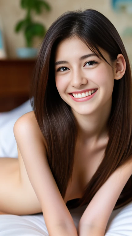 Highest quality, Realistic, In detail, High resolution, 8k wallpaper, Perfect dynamic composition, Beautiful details, Random sexy poses,bedroom、Laughter、(Droopy Eyes 1.3)、Japanese、((naked)),(((beautiful pussy))))show her pussy、Highest quality、Complete limbs、Full Finger、Slender beauty、Straight hair、Twin tails、