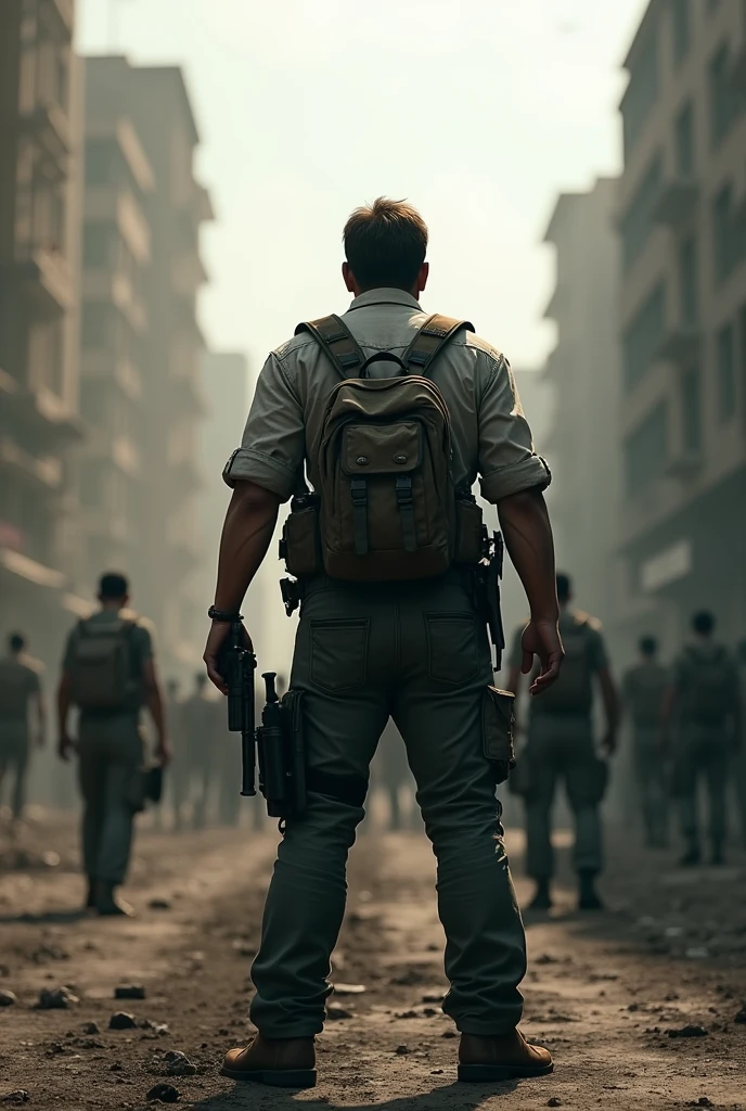 A man standing in zombie apocalypse back view in game