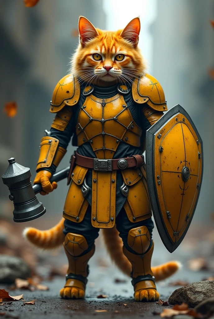 A yellow cat in a cubirge custom suit with shield and hammer with jer hand with scary eyes