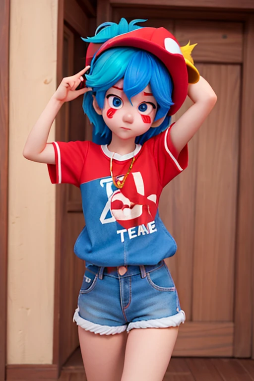 18age、female、Clown style、Blank Face、Gold, blue and red hair、Blue and red clothes、Shorts、Trump mark on cheek、不良female、