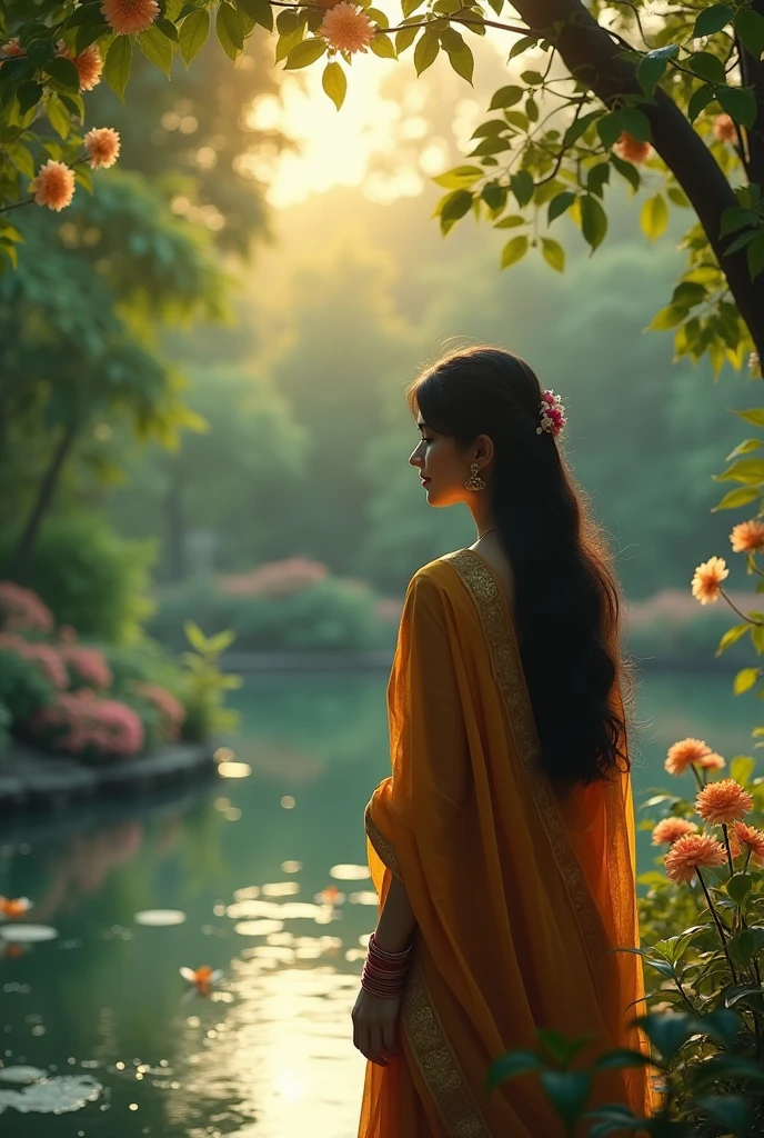Setting: A serene, lush garden at dusk, with soft golden light filtering through the trees.Imagery: The camera pans slowly across blooming flowers, gently swaying leaves, and a calm, reflective pond. The scene sets a tranquil and romantic mood.Focus: A close-up of the female lead, dressed in a traditional sari, standing by the pond, lost in thought as she gazes at the water.