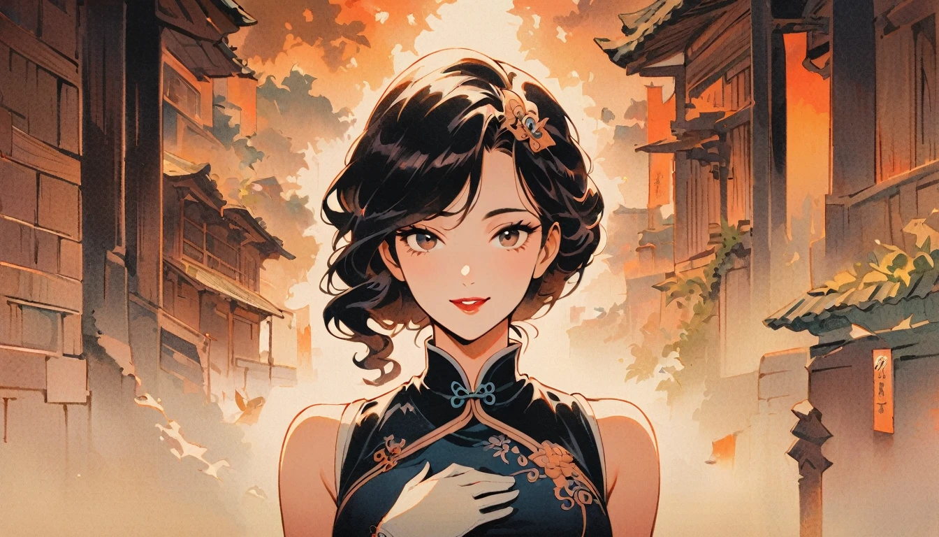 Wide-angle lens, Retro movie style, 1940s, Lin Mingmei, 1 girl, alone, monochrome, looking at the audience, hair accessories, Chinese traditional clothing cheongsam, curls, traditional media, sign, bangs, cosmetic, 1 Hand on chest, black hair, lipstick, artist name, bridal gloves, sleeveless, ancient building, wooden building, retro, nostalgia, elegant posture, Smile, Delicate shoes, whole body, Shadows and Highlights,Subtle Retro Film Grain。