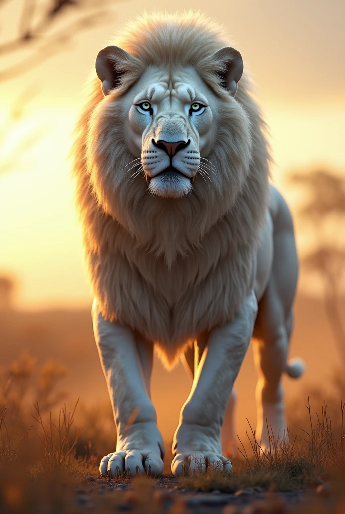 Generate an image of a highly realistic and muscular white lion with a regal and commanding presence. The lion should have a powerful, well-defined physique, with visible muscles rippling under its sleek, pale fur. Its mane should be full, thick, and slightly windswept, creating a majestic and royal appearance. The lion’s expression should be intense and proud, with piercing blue eyes that convey strength and wisdom. The background should be a natural, slightly blurred savannah landscape at sunset, with warm, golden light casting dramatic shadows on the lion's form.