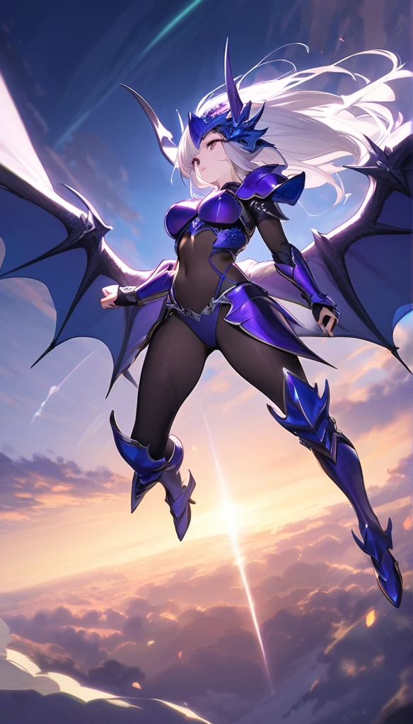 (One Woman),(Best image quality, 32K, masterpiece:1.3),((Silver long hair:1.1)),(Swept-apart bangs,Braiding), (Cute eyes, Dark Eyes), (Detailed eyes),(Mole under right eye), (Standard weight), (Glowing Skin:1.1),(Pale skin:1.2),(A fantastic atmosphere),(look up),Ultra-high resolution, Textured skin, Sparkle Effect,
Final Fantasy,female dragon knight,Blue-purple bikini armor,Blue and purple armorパンツ,Black tights,belly button,muscle,Blue and purple armor,Blue-purple dragon helmet,
Panty shot,
blue sky,cloud,Flying in the sky,Fly,Jump high in the sky,
Hold the gun with both hands,fight,attack with a spear,
Dragon wings on the back,
Grit your teeth,